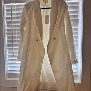 White Pearl Beaded Long Blazer Jacket Dress